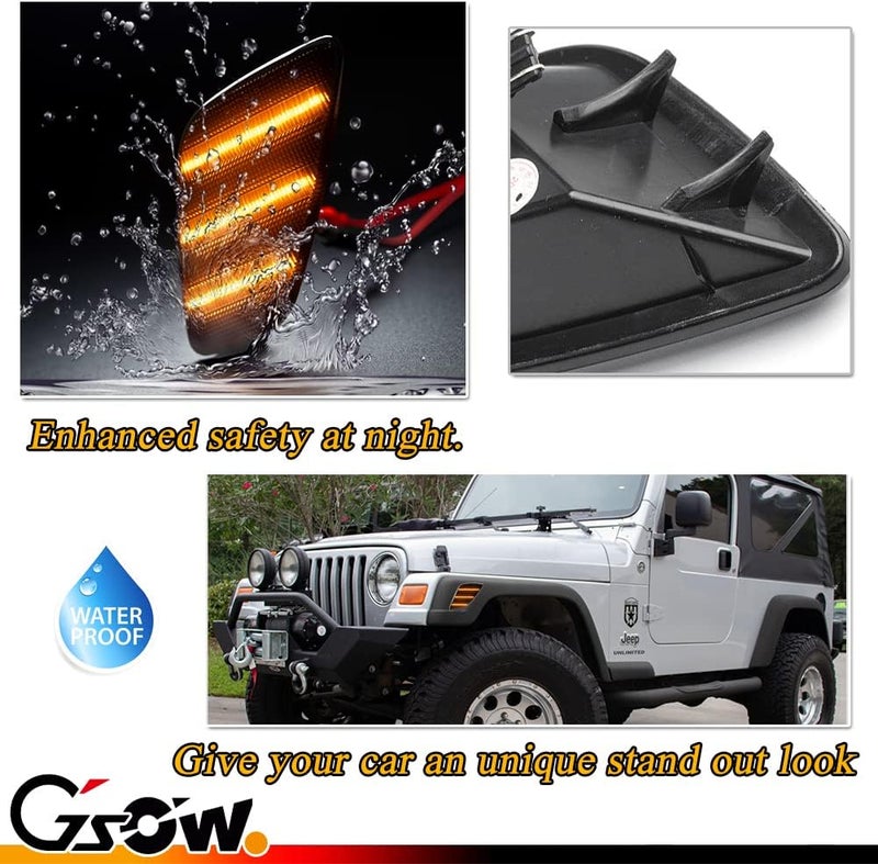 GSOWO 2 PCS Amber LED Side Marker Light for J-e-e-p Wrangler TJ 1997-2006, Smoked Lens Front Turn Signal Indicator, Left/Right Side Fender Sidemarker Lamps - Image 3